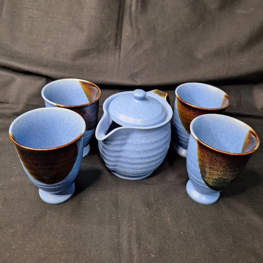 Andrea by Sadek Chopsticks Blue Ceramic Tea Set Teapot 4 Cups‎ Made in Japan